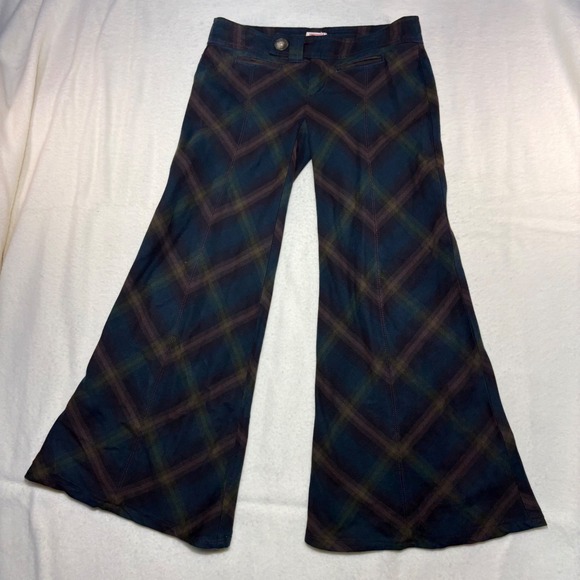 Free People Pants - Free People Plaid Flare Pants Green Teal Purple Wide Leg Trouser Boho Size 2-70s